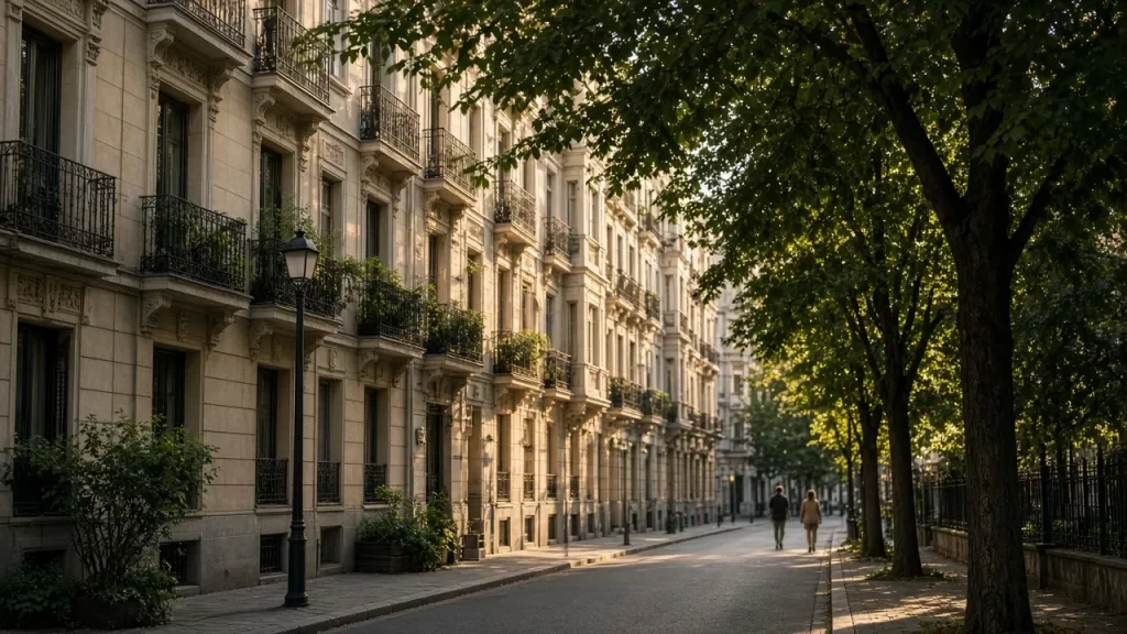 Calle arbolada del barrio de Chamberí, cerca de la consulta de psicología