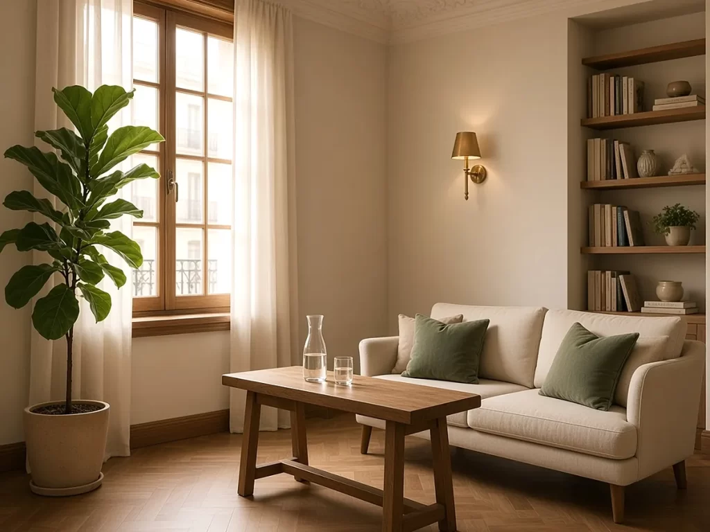 Sala de espera del centro de psicología en Chamberí con sofá, estantería de libros y luz natural