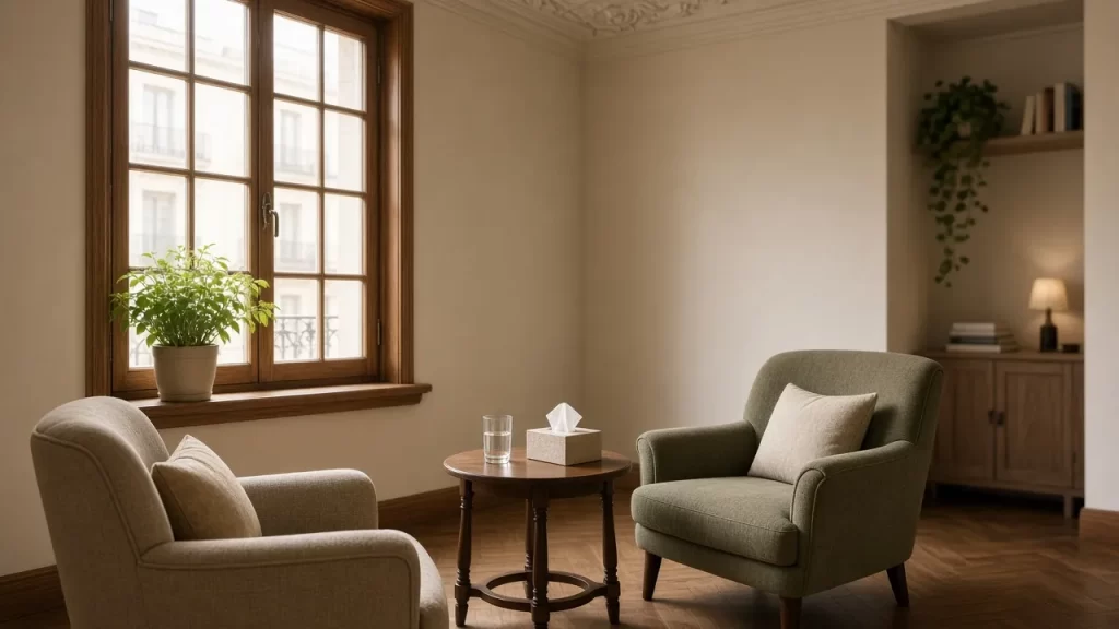Consulta de psicólogo en Chamberí, Madrid, con dos butacas y luz natural