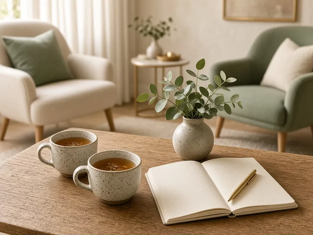 Dos tazas de infusión y un cuaderno abierto sobre una mesa de roble, con dos butacas al fondo