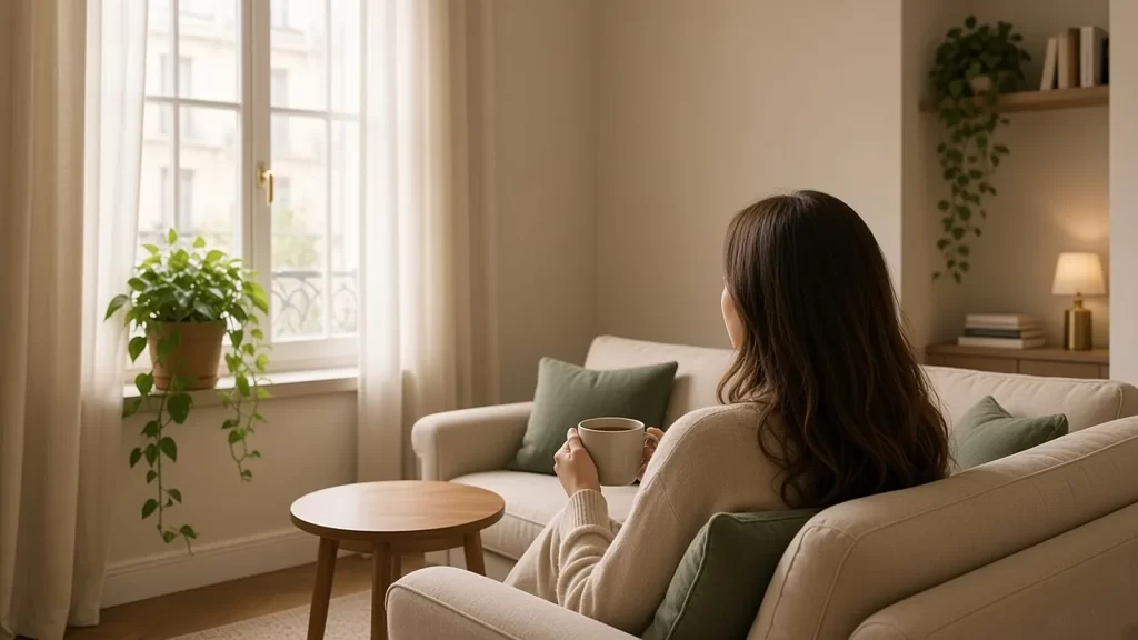 Mujer de espaldas con una taza de té en un sofá junto a una ventana luminosa