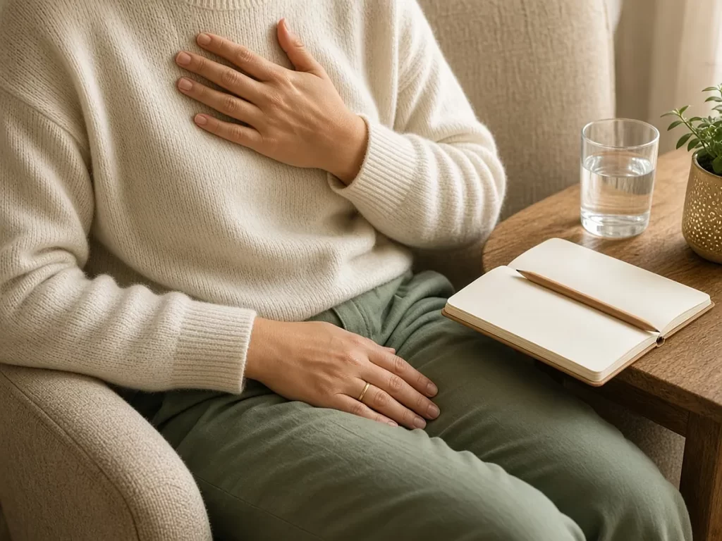Mano apoyada en el pecho durante un ejercicio de respiración, junto a un cuaderno y un vaso de agua