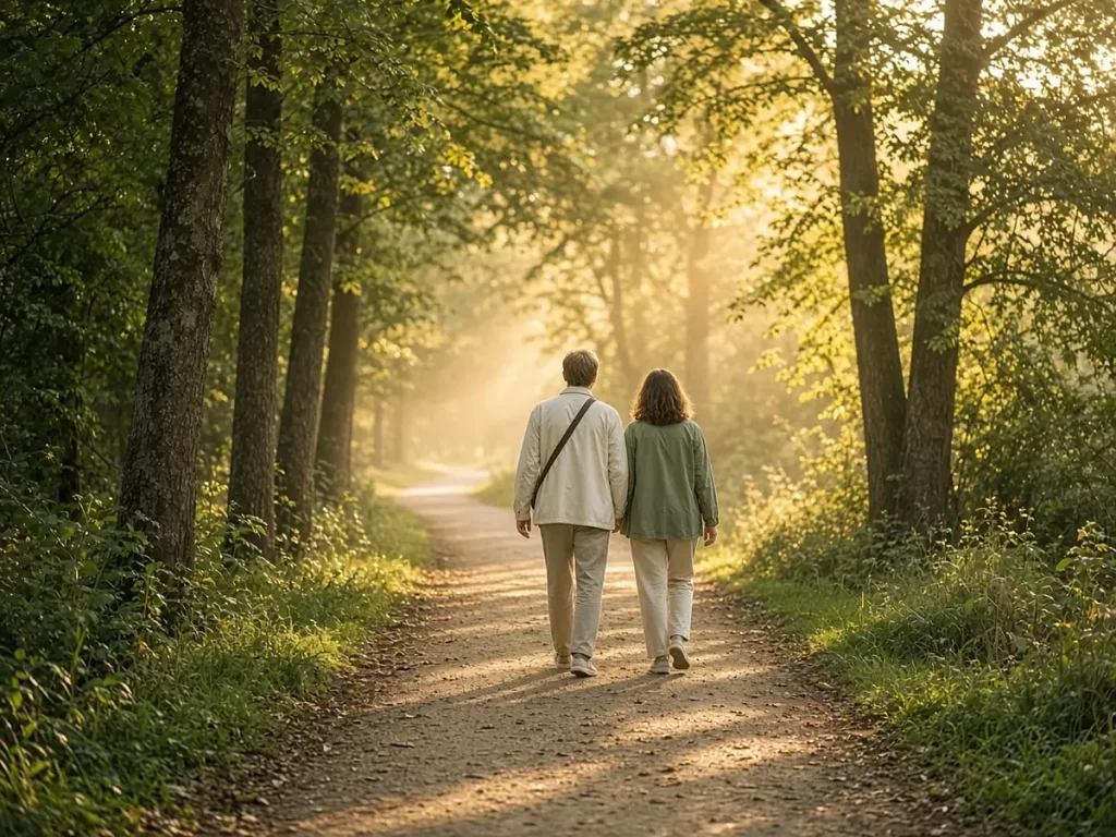 Dos personas de espaldas caminando juntas por un sendero soleado entre árboles